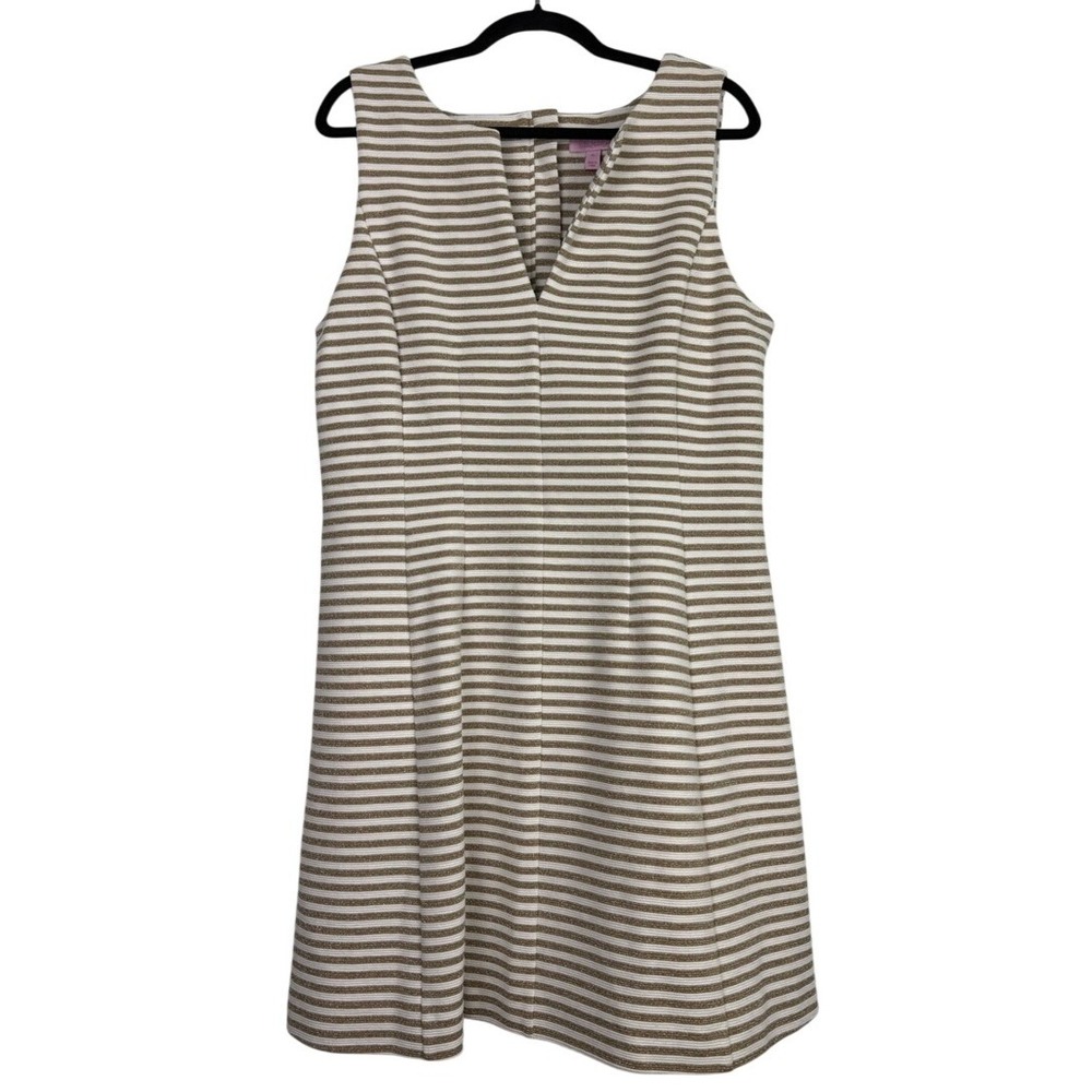 Lilly Pulitzer V-Neck Gold Metallic Stripe White Ribbed Sheath‎ Dress XL